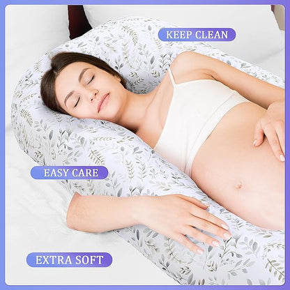 Floral Soft Pregnancy Pillow Cover (ONLY Pillowcase), U Shaped Luxurious Velvet Maternity Pillow Cover with Hidden Zip, Warm Large Pillow Protector for Side Sleeper, White, 61x31 in