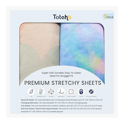 TotAha Premium Stretchy Bassinet Cradle Sheets (2-Pack) -Hypoallergenic, Silky Comfort, Buttery Soft, Calming Effect, All-Season Jersey-Knit, 32 X 16 X 3''(Rainbow & Tie dye)
