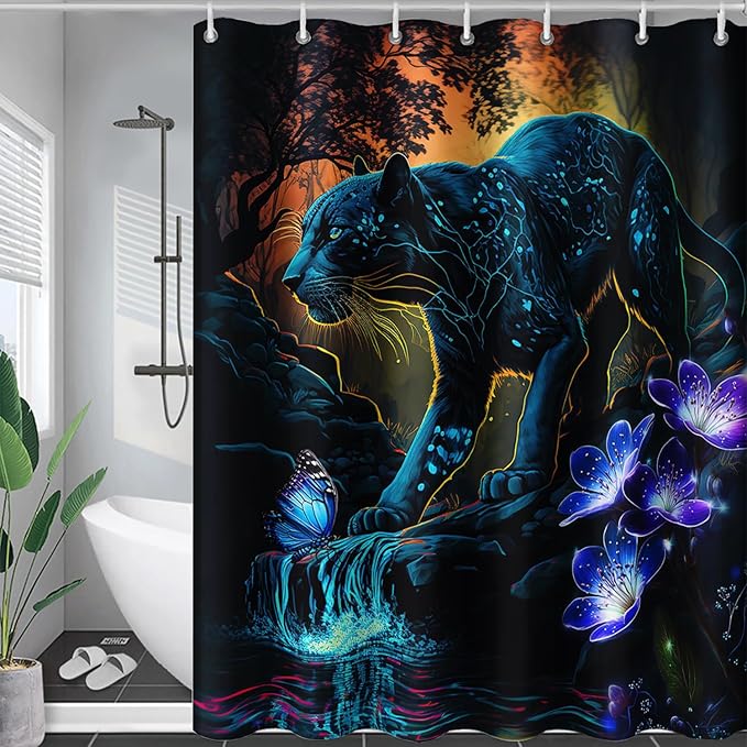 AILONEN Black Panther Shower Curtain,Glowing Panther Print Bath Curtain for Kids Boys Men,Wildlife Forest Cheetah Leopard Waterproof Shower Curtain for Bathroom, 36" W x 72" H