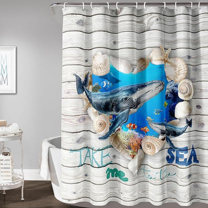 AILONEN 3D Printed Whale Shower Curtain, Ocean Sea Animal Wooden Style Bathroom Curtain,Shell Coast Whale Bath Curtain,60" W*72" H Polyester Waterproof Bathroom Curtain with 12 Hooks