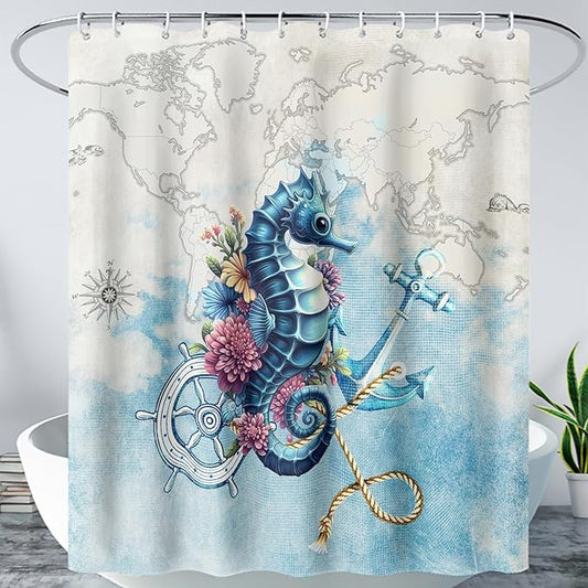 AILONEN Seahorse Shower Curtain for Bathroom,Nautical Coast Retro Map Ocean Bath Curtain 36" W*72" H,Blue Sea Animal Print Decorative Waterproof Curtain with 12 Plastic Hooks