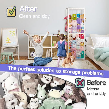 Trycooling Stuffed Animal Storage Zoo Stuffed Animal Holder Space Save Vertical Stuffed Animals Storage PVC with Elastic Band and Net for Playroom Birthday Gift for Bedroom Nursery (White 1)