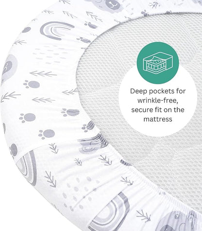 Bassinet Sheets for Dream On Me Karley, Plus, Lacy, Small Regalo Basics, Baby Delight Slumber, Snuggle Nest, Graco Carry Cot, 3 Pack, 16 x 32, Ultra Soft, Unisex Boys Girls, Gray (Woodland Rainbow)