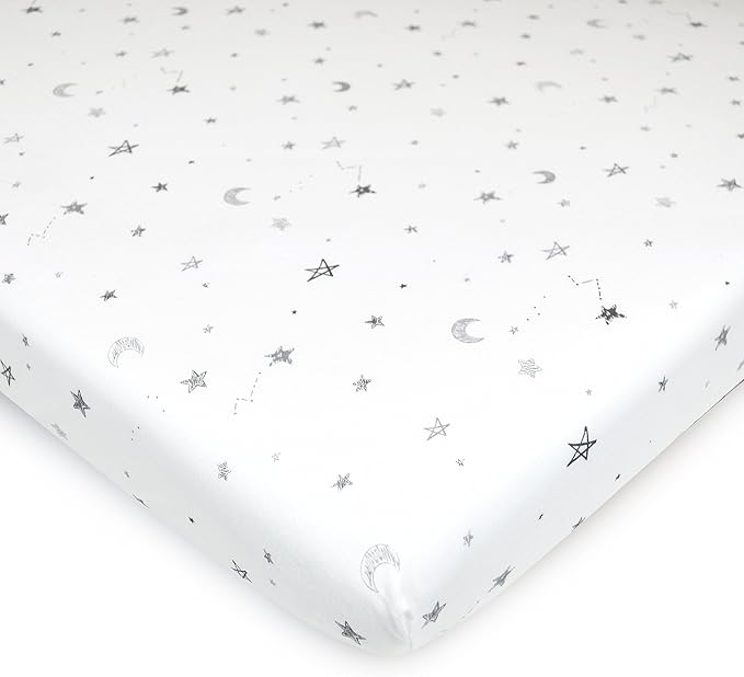 TL Care Printed 100% Natural Cotton Jersey Knit 18 x 36 Cradle/Bassinet Sheet - Fitted, Gray Stars and Moons, Soft Breathable, for Boys and Girls