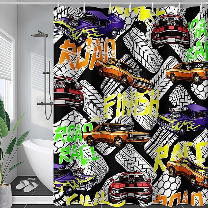 AILONEN Racing Car Shower Curtain for Bathroom Decor,Cool Racer Bath Curtain for Kids Boys Teens,Graffiti Printed Curtain Waterproof with 12 Plastic Hooks, 72" W x 78" H