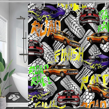 AILONEN Racing Car Shower Curtain for Bathroom Decor,Cool Racer Bath Curtain for Kids Boys Teens,Graffiti Printed Curtain Waterproof with 12 Plastic Hooks, 72" W x 78" H