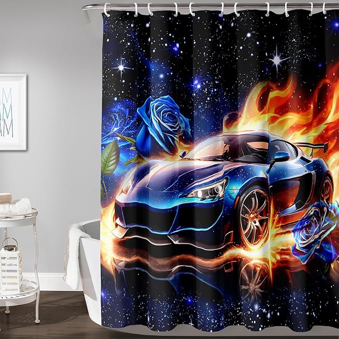 AILONEN Racing Car Shower Curtain for Bathroom, Blue Galaxy Starry Sports Cat Bath Curtain,Speed Car Shower Curtain for Kids Teen,Waterproof Curtain Bathroom 36" W*72" H Decor with 12 Plastic Hooks