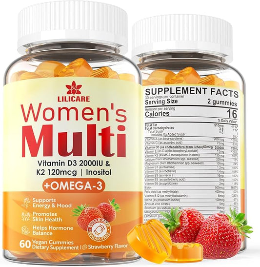 Womens Multivitamin Gummies, Sugar-Free Methylated Multivitamins w/D3 + K2, Vegan Omega 3, Algae Calcium, Daily Vitamin A C E B6 B12 Folate, Inositol, Minerals for Energy, Mood, Bone, Hormore, 60 Cts