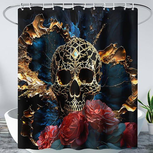 AILONEN 3D Skull Shower Curtain,Oil Ren Rose with Gold Skull Skeleton Design Shower Curtain Set with Hooks for Boys Girls Teens,Gothic Skull Waterproof Fabric Shower Curtain for Bathroom,72" W*96" H