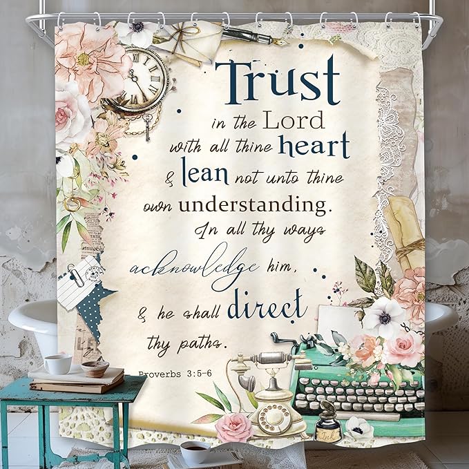 MESHELLY Vintage Christian Shower Curtain 60Wx72H Retro Floral Bible Verse Rustic Farmhouse Pink Flower Quotes Bathroom Curtain Scriptures Bath Curtain Fabric Bathroom Accessories Decor with 12 Hooks