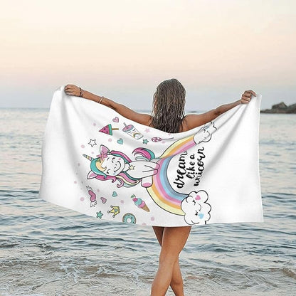 Microfiber Beach Towel, Cute Dream Unicorn on a Rainbow Beach Towels for Women Men, Extra Large 29.5” X 59”, Quick Drying Lightweight Sand Free Bath Swim Towel