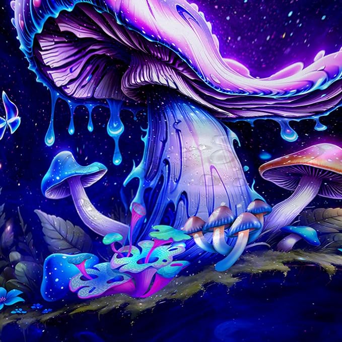 AILONEN Magic Mushroom Shower Curtain,Blue Butterfly Waterproof Fabric Bath Curtain for Kids Girl,Boho Style Shower Curtain Set for Bathroom,Natural Fungal Shower Curtain with Hooks 72" W*78" H