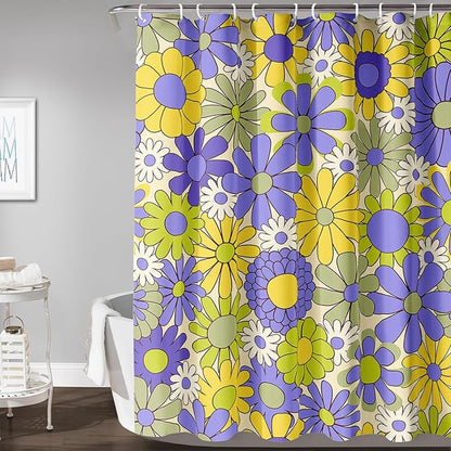 AILONEN Flower Shower Curtain for Bathroom,Polyester Fabric Waterproof,Purple Yellow Plants Flowers Bath Curtains Washable, 72" W x 78" H