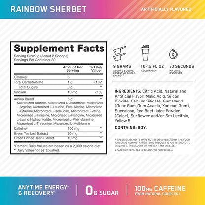 Optimum Nutrition New Flavor Amino Energy - Pre Workout with Green Tea, BCAA, Amino Acids, Keto Friendly, Green Coffee Extract, Energy Powder - Rainbow Sherbet, 30 Servings 