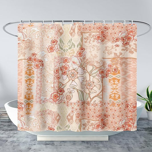 AILONEN Luxuriant Flowers Shower Curtain,European Vintage Flower Theme Waterproof Shower Curtain for Girls Kids Teens, 72" W*72" H Orange Textures Bathroom Decor
