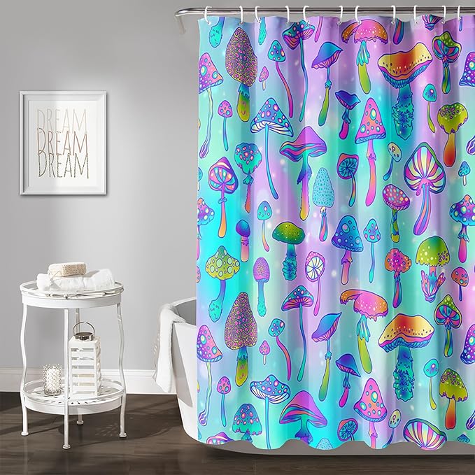 AILONEN Mushroom Shower Curtain for Bathroom,Blue Purple Mushroom Bath Curtain,Cute Cartoon Magic Fungus Decor Bathroom Curtain with 12 Plastic Hooks, 72" W x 84" H
