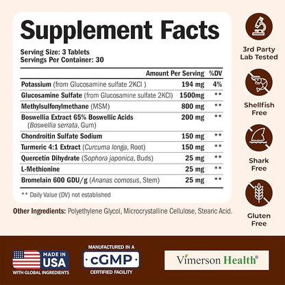 Glucosamine Chondroitin MSM and Turmeric Supplement - Joint Support Supplement for Women & Men with Boswellia & Glucosamine Sulfate 1500 mg. Used for Cartilage & Joint Health & Flexibility 90 Tablets