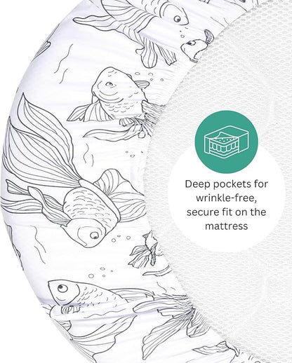 TansyPanda 33 x 20 Bassinet Sheets Compatible with Papablic, Maxi-COSI Iora, Baby Joy, and Many Other Bassinet Bedside Sleepers, 4PC, Ultra Soft, Breathable Snug Fit, Unisex Boys Girls (Ocean Fish)