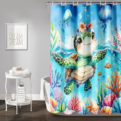 AILONEN Sea Turtle Shower Curtain for Bathroom,Cute Ocean Turtle Shower Curtain with 12 Plastic Hooks,Colorful Coral Jellyfish Print Bath Curtain Polyester Waterproof 36" W*72" H