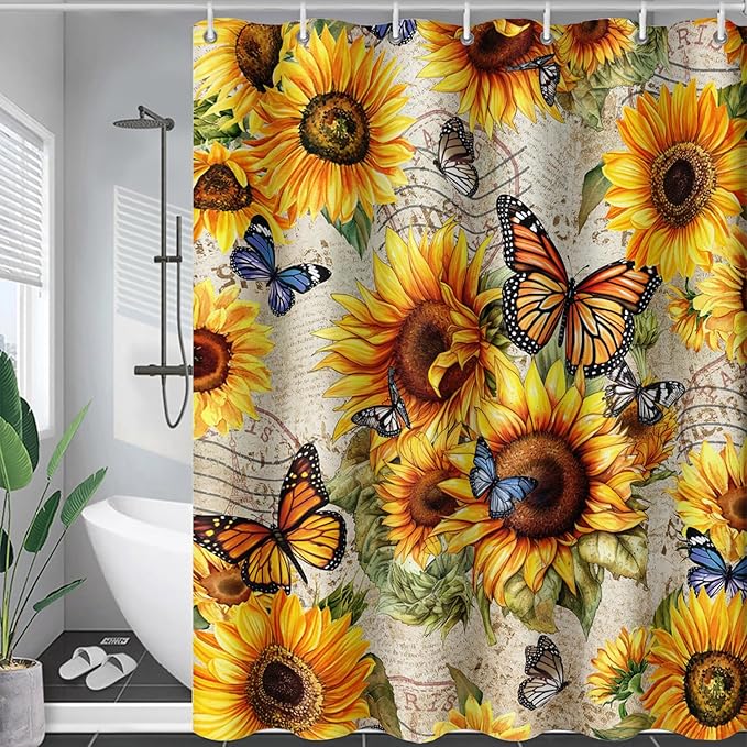 AILONEN Girls Sunflower Shower Curtain,Butterfly Sunflower Bath Curtain for Kids Women,Vintage Yellow Flower Decor Bathroom Curtain with 12 Plastic Hooks, 72" W x 72" H