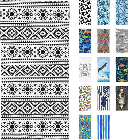 Microfiber Beach Towel, Traditional Ethnic Black White Geometric Beach Towels for Women Men, Extra Large 29.5” X 59”, Quick Drying Lightweight Sand Free Bath Swim Towel