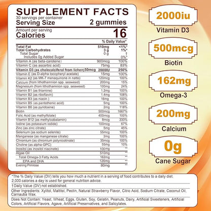 Womens Multivitamin Gummies, Sugar-Free Methylated Multivitamins w/D3 + K2, Vegan Omega 3, Algae Calcium, Daily Vitamin A C E B6 B12 Folate, Inositol, Minerals for Energy, Mood, Bone, Hormore, 60 Cts