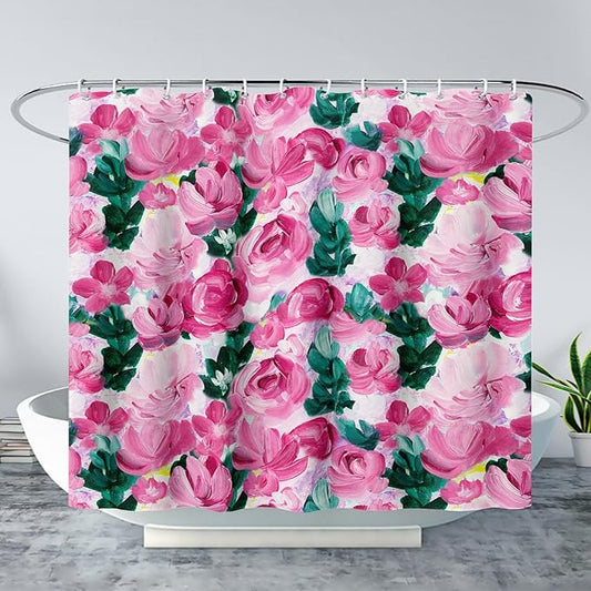AILONEN Rose Shower Curtain,Large Group of Roses Waterproof Fabric Shower Curtain Set for Girls Kids Teens, 48" W*72" H Oil Painting Rose Theme Bathroom Decor