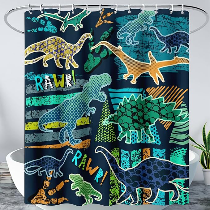 AILONEN Boys Dinosaur Shower Curtain 48" W*72" H for Bathroom,Cartoon Dinosaur Bathroom Shower for Kids Boys,Retro Blue Dinosaur Print Bath Curtain Polyester Waterproof Bathroom Curtain with 12 Hooks
