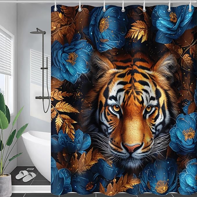 AILONEN Tiger Shower Curtains for Kids Boys,Blue Flower Tiger Bath Curtains,Wild Animal Curtains Polyester Waterproof,72" W*96" H with 12 Plastic Hooks