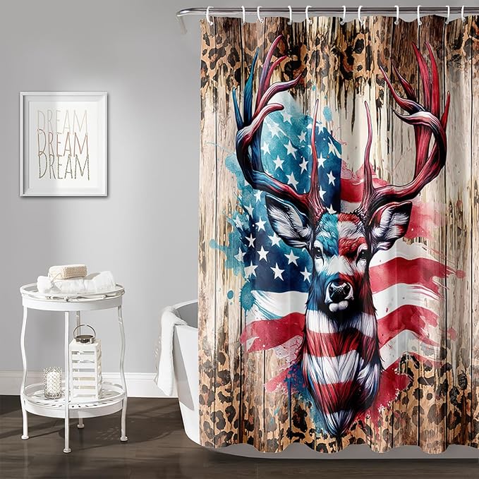 AILONEN Deer Hunting Shower Curtain for Bathroom Decor,American Flag Elk Bath Curtain for Kids Boys Teens,Safari Deer Print Curtain,Polyester Waterproof with 12 Plastic Hooks 48" W*72" H
