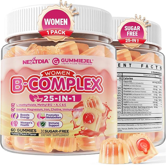Vitamin B Complex Gummies for Women Sugar Free, Super Methylated B Complex w/ Methyl B12, L-methylfolate, Iron, Vitamin C, Inositol, Magnesium, Choline, Biotin, B2 B3 B5 B6, Orgainc Fruit Blend, 60Cts