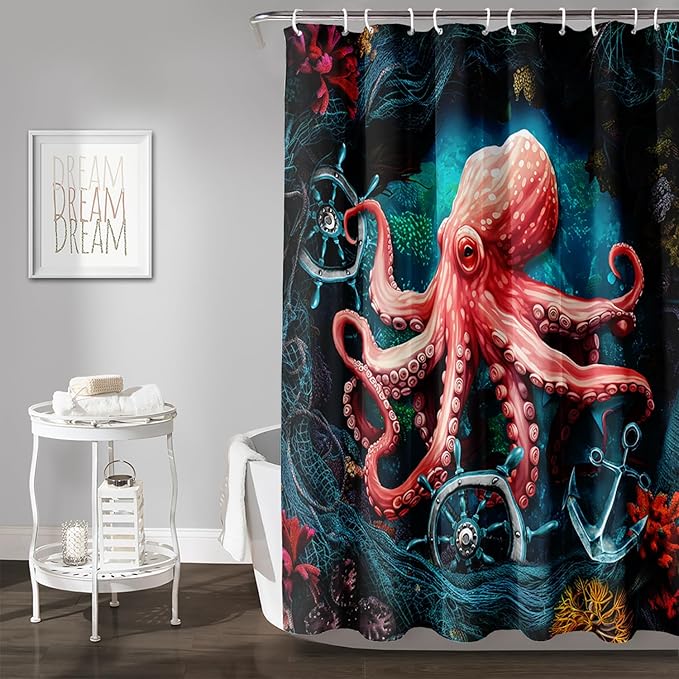 AILONEN Cartoon Red Octopus Shower Curtain for Bathroom,Octopus Tentacles Bath Curtain for Kids,Boys,Girls,Anchor Ocean Animal Theme Waterproof Fabric Shower Curtain Set with Hooks,72" W*96" H