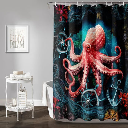 AILONEN Cartoon Red Octopus Shower Curtain for Bathroom,Octopus Tentacles Bath Curtain for Kids,Boys,Girls,Anchor Ocean Animal Theme Waterproof Fabric Shower Curtain Set with Hooks,72" W*72" H