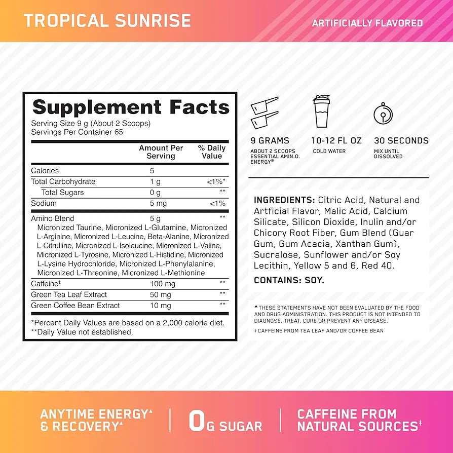 Optimum Nutrition New Flavor Amino Energy - Pre Workout with Green Tea, BCAA, Amino Acids, Keto Friendly, Green Coffee Extract, Energy Powder - Tropical Sunrise, 65 Servings 