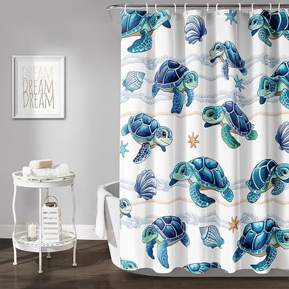AILONEN Cute Sea Turtle Shower Curtain Set for Bathroom,Cartoon Turtle with Cowry Bath Curtain,Kawaii Ocean Animal Theme Waterproof Fabric Shower Curtain with Hooks,48" W*72" H