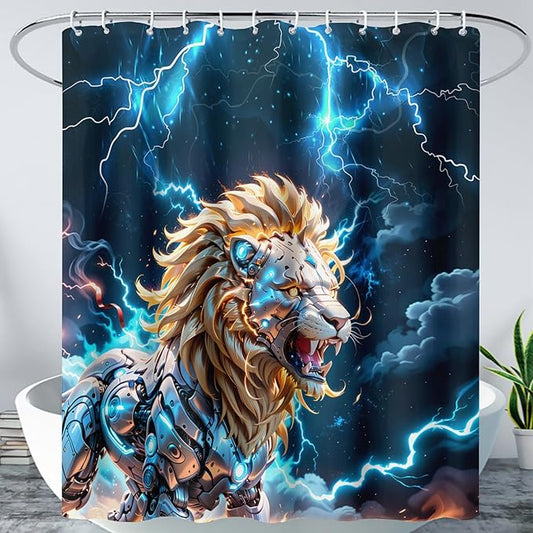 AILONEN Lion Shower Curtain,Evening Lightning Howling Lion Bath Curtain,Fierce Lion Bathroom Curtain Decor,Safari Animal Polyester Waterproof 72" W*96" H Shower Curtain (12 Hooks)
