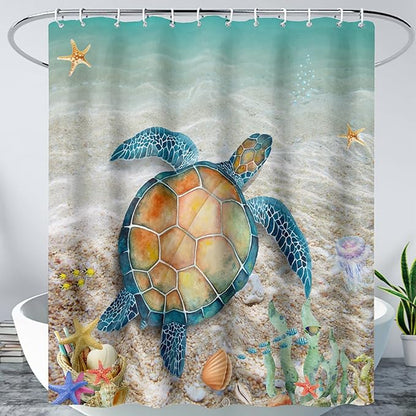 AILONEN Sea Turtle Shower Curtain,Beach Ocean Turtle Bath Curtain with 12 Plastic Hooks,Sea Animal Coast Shell Print Bath Curtain Polyester Waterproof 36" W*72" H