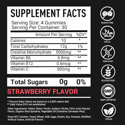 Creatine Gummies for Men & Women 5g Sugar Free - 120 Chewable Creatine Monohydrate Gummies for Muscle Strength, Muscle Builder, Energy Boost, Booty Gain, Pre-Workout & Recovery Supplement Gummy Chews