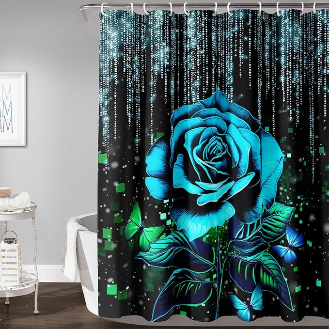 AILONEN Blue Rose Shower Curtain for Bathroom, Glitter Starry Flower Print Bath Curtain,Blue and Black Waterproof Floral Butterfly Shower Curtain Decoration with 12 Plastic Hooks, 72" W*96" H