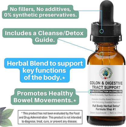 Colon Digestive Tract Support | 2 oz. Liquid Extract Tincture | Detox Cleanse Support Formula