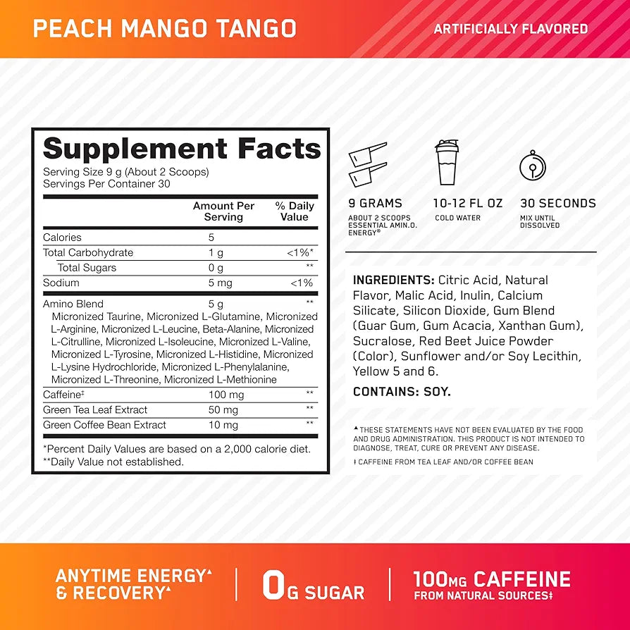 Optimum Nutrition New Flavor Amino Energy - Pre Workout with Green Tea, BCAA, Amino Acids, Keto Friendly, Green Coffee Extract, Energy Powder - Peach Mango Tango, 30 Servings 