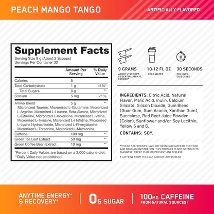 Optimum Nutrition New Flavor Amino Energy - Pre Workout with Green Tea, BCAA, Amino Acids, Keto Friendly, Green Coffee Extract, Energy Powder - Peach Mango Tango, 30 Servings 