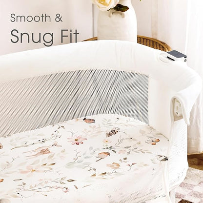 Stretchy Ultra Soft Fitted Bassinet Sheet Set 2 Pack, Universal Fit for Bassinets Baby Cradle Moses Basket Oval Rectangle Mattress Safe and Snug, Beautiful Blush Pink Floral and Cute Animals Print