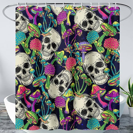 AILONEN Skull Shower Curtain for Bathroom,Mushroom Skull Bath Curtain Decoration,Fantasy Fungus Skeleton Print Waterproof Black Curtain with 12 Plastic Hooks, 36" W*72" H