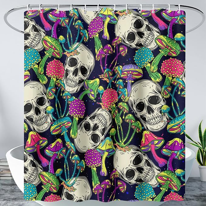 AILONEN Skull Shower Curtain for Bathroom,Mushroom Skull Bath Curtain Decoration,Fantasy Fungus Skeleton Print Waterproof Black Curtain with 12 Plastic Hooks, 72" W*78" H
