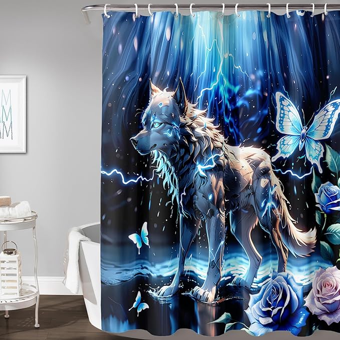 AILONEN Lightning Wolf Shower Curtain for Bathroom,3D Print Glowing Wolf Print Bath Curtain for Boys Men Kids,Raining Wolf Waterproof Bathroom Decor Blue Curtain with 12 Plastic Hooks, 72" W*72" H