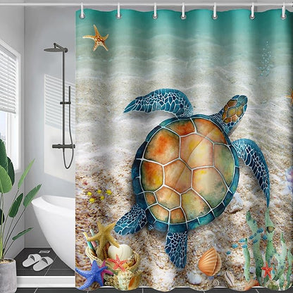 AILONEN Sea Turtle Shower Curtain,Beach Ocean Turtle Bath Curtain with 12 Plastic Hooks,Sea Animal Coast Shell Print Bath Curtain Polyester Waterproof 60" W*72" H