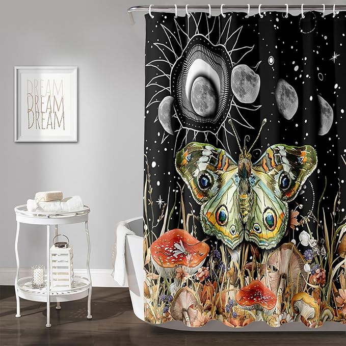 AILONEN Moth Shower Curtain,Sun and Moon Shower Curtain Set for Kids Girls Boys,Boho Natural Mushroom Plants Bath Curtain,Starry Night Bathroom Decor Shower Curtain with 12 Hooks,72" W*96" H