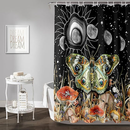 AILONEN Moth Shower Curtain,Sun and Moon Shower Curtain Set for Kids Girls Boys,Boho Natural Mushroom Plants Bath Curtain,Starry Night Bathroom Decor Shower Curtain with 12 Hooks,60" W*72" H