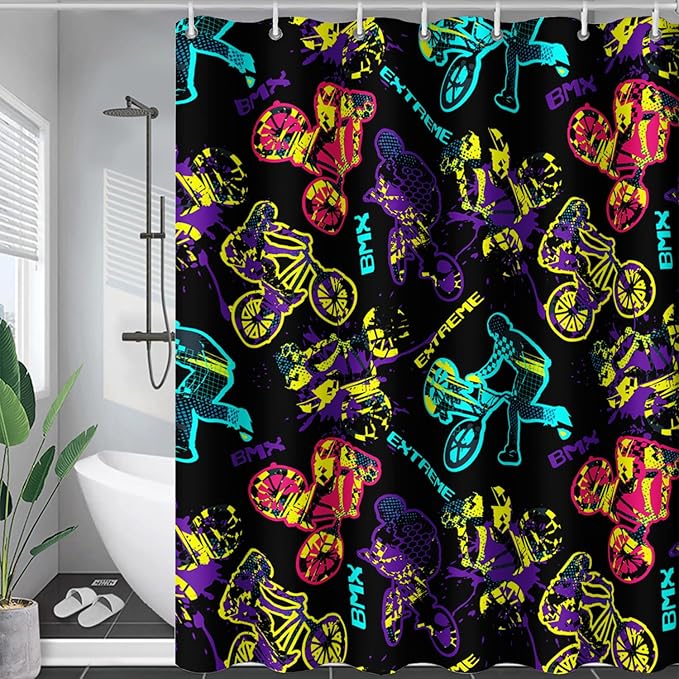 AILONEN Motocross Shower Curtain,Motorcycle Racer Bath Curtain,Extreme Sports Decoration,Colorful Graffiti Dirt Bike Shower Curtain for Kids Boys,Black Washable, 36" W x 72" H